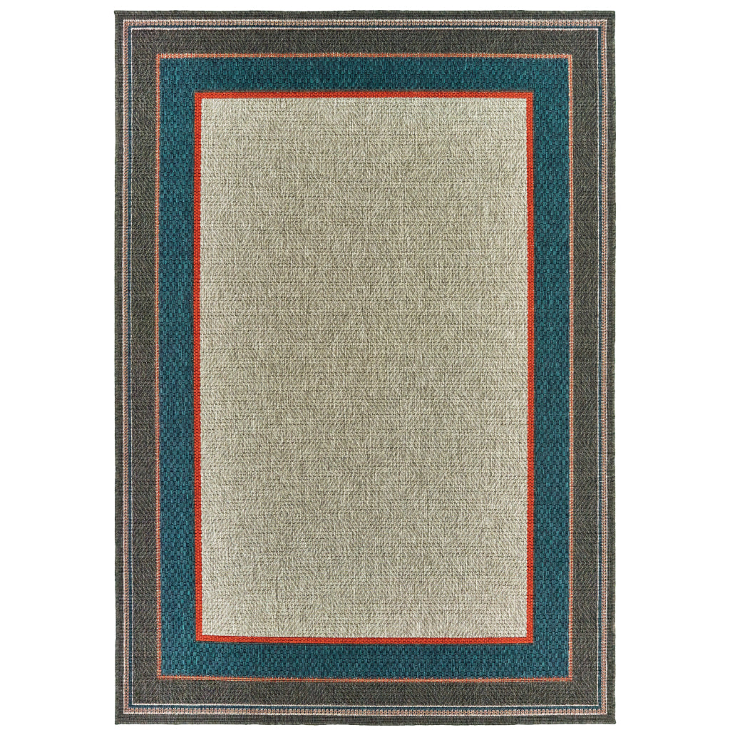 Oriental Weavers Latitude 8021L Grey/Teal Rectangle Indoor / Outdoor Area Rug - Stain Resistant Machine Made Patio Rug with Border Pattern