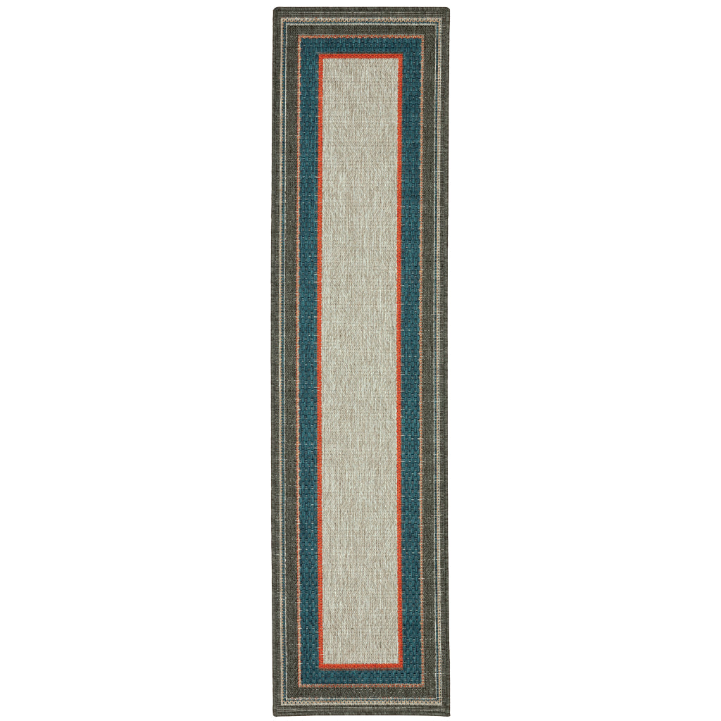 Oriental Weavers Latitude 8021L Grey/Teal Rectangle Indoor / Outdoor Runner - Stain Resistant Machine Made Entryway &amp; Hallway Runner with Border Pattern