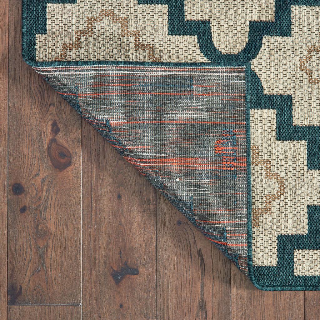 Oriental Weavers Latitude 804I3 Grey/Teal Rectangle Indoor / Outdoor Runner - Stain Resistant Machine Made Entryway &amp; Hallway Runner with Geometric Pattern