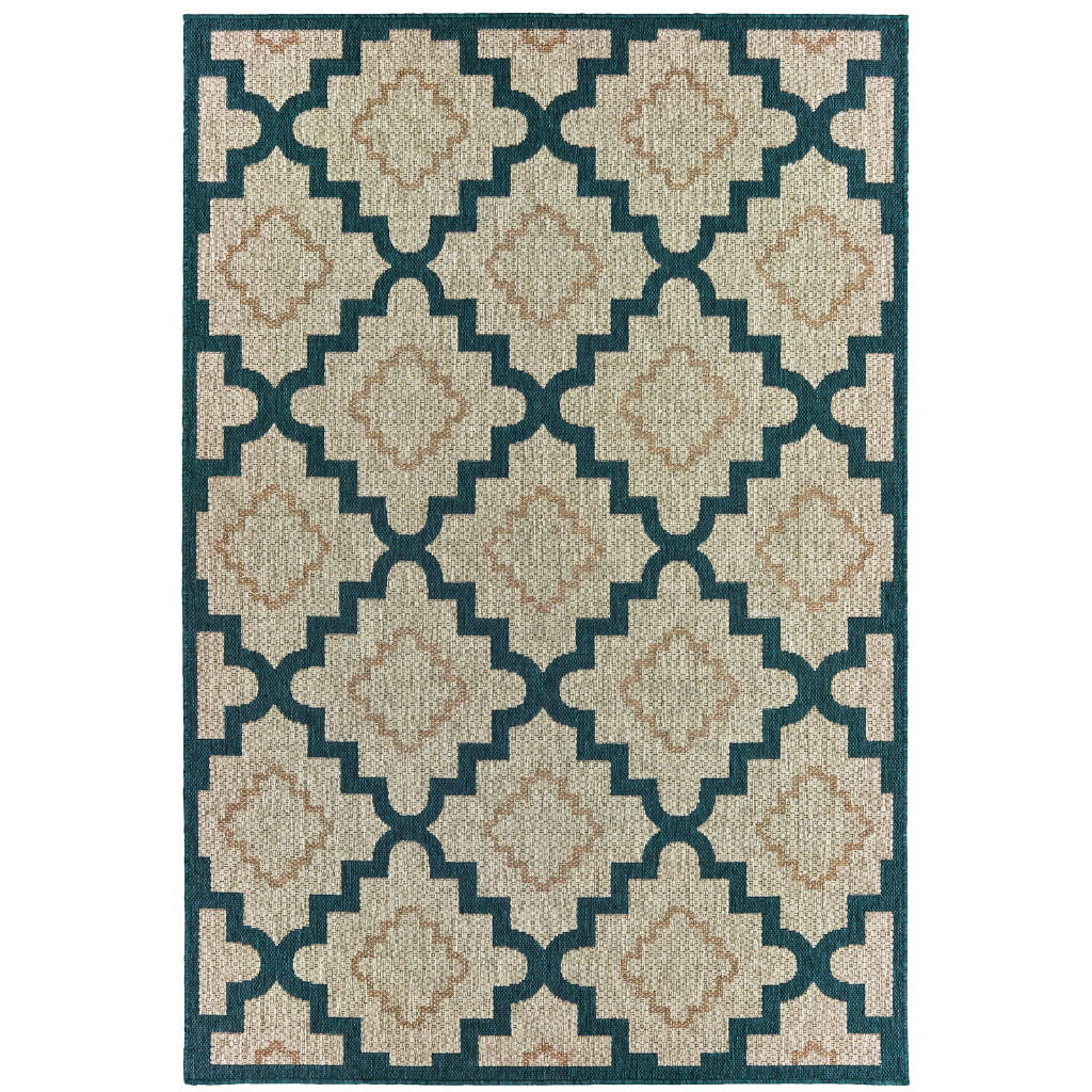 Oriental Weavers Latitude 804I3 Grey/Teal Rectangle Indoor / Outdoor Area Rug - Stain Resistant Machine Made Patio Rug with Geometric Pattern