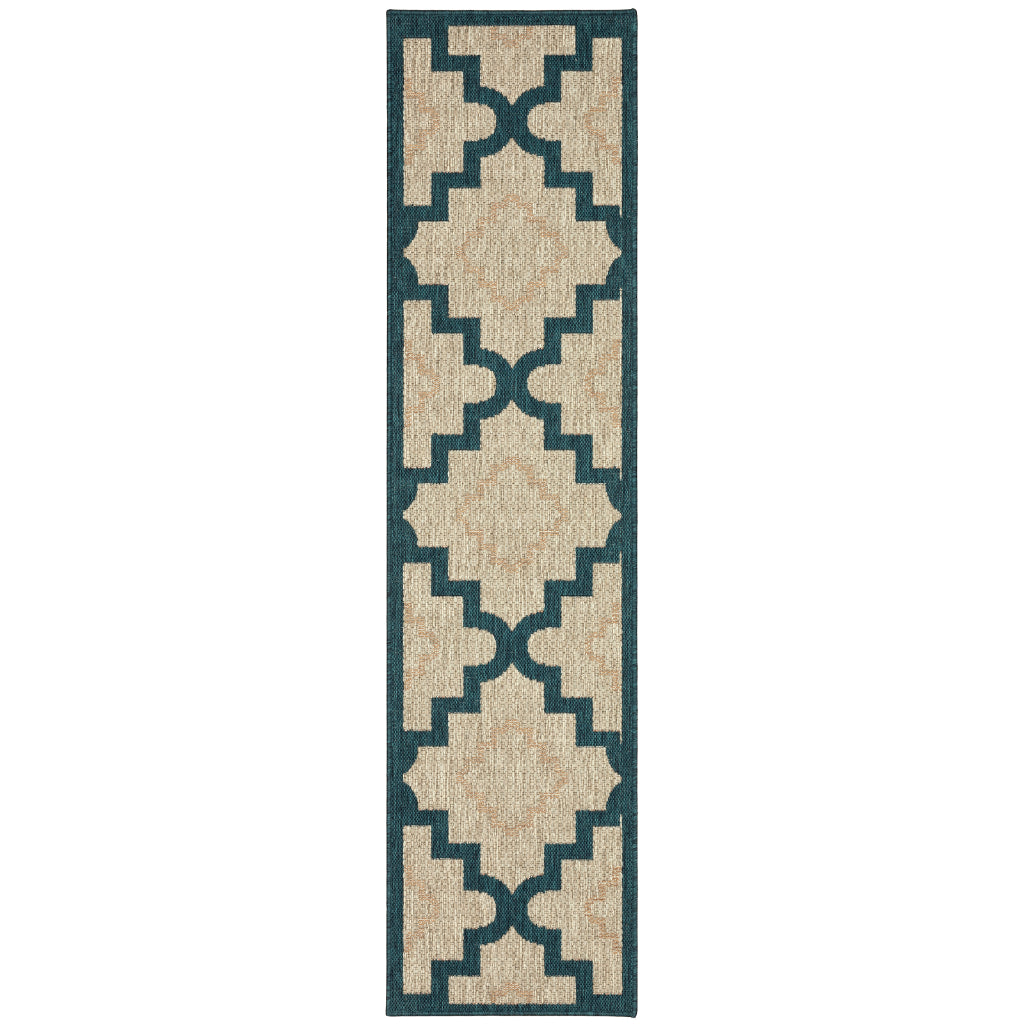 Oriental Weavers Latitude 804I3 Grey/Teal Rectangle Indoor / Outdoor Runner - Stain Resistant Machine Made Entryway &amp; Hallway Runner with Geometric Pattern