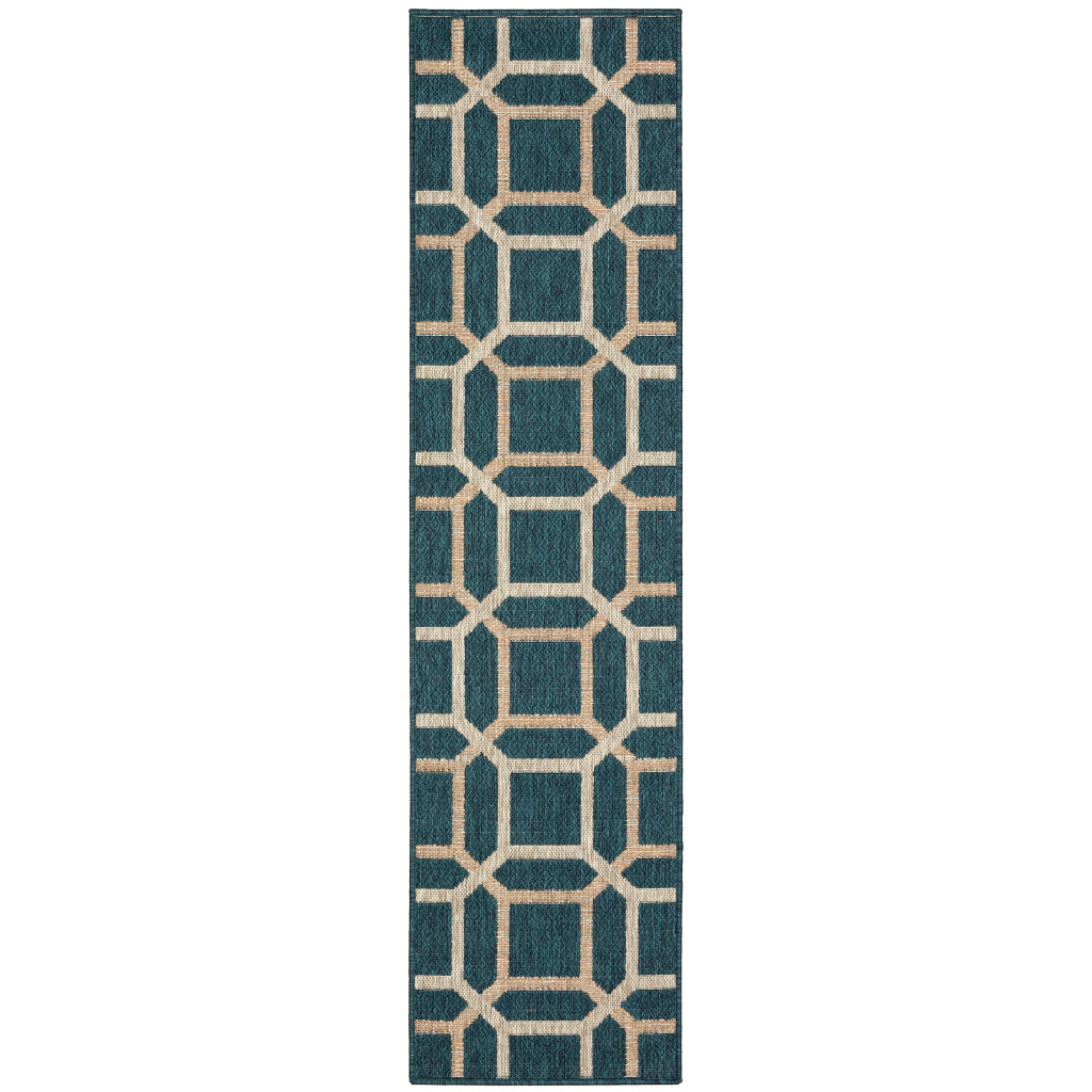 Oriental Weavers Latitude 806B3 Teal/Grey Rectangle Indoor / Outdoor Runner - Stain Resistant Machine Made Entryway & Hallway Runner with Geometric Pattern-