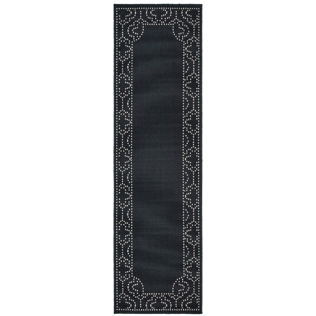 Oriental Weavers Marina 1247K Black/Ivory Rectangle Indoor / Outdoor Runner - Stain Resistant Machine Made Entryway &amp; Hallway Runner with Border Pattern