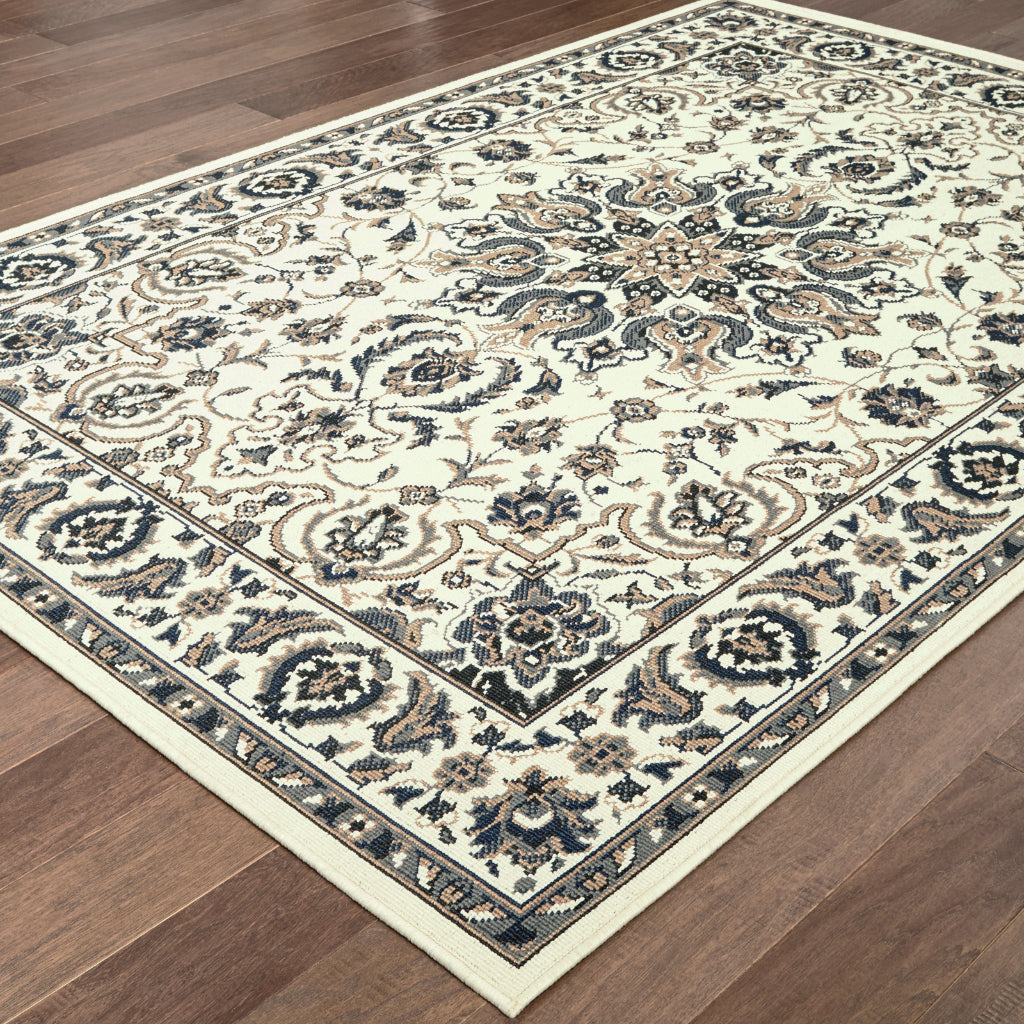 Oriental Weavers Marina 1248W Ivory/Navy Rectangle Indoor / Outdoor Area Rug - Stain Resistant Machine Made Patio Rug with Medallion Pattern