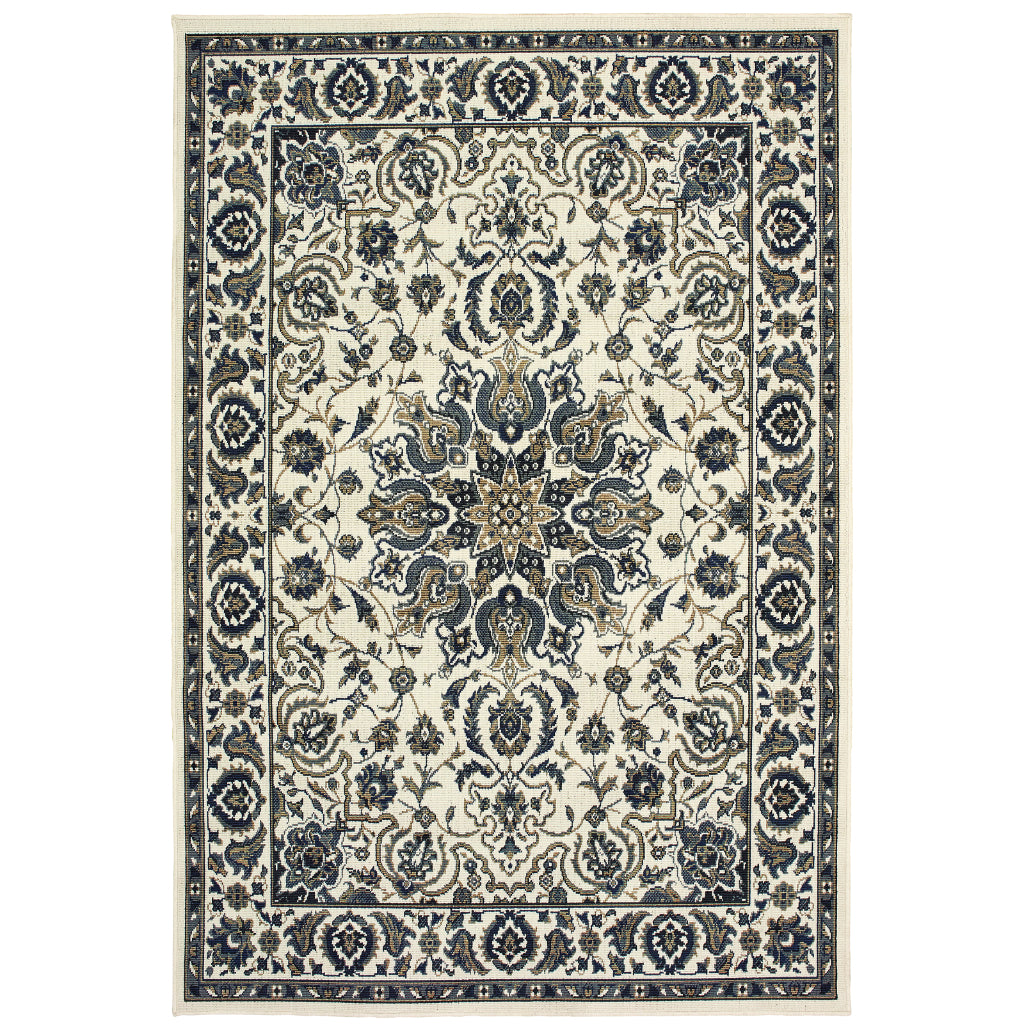 Oriental Weavers Marina 1248W Ivory/Navy Rectangle Indoor / Outdoor Area Rug - Stain Resistant Machine Made Patio Rug with Medallion Pattern