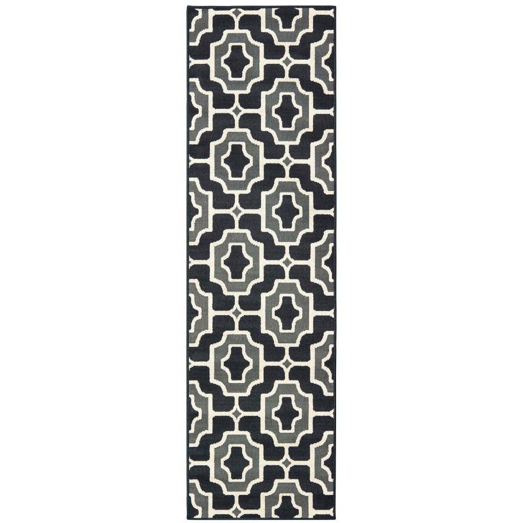 Oriental Weavers Marina 1491Z Black/Grey Rectangle Indoor / Outdoor Runner - Stain Resistant Machine Made Entryway &amp; Hallway Runner with Geometric Pattern