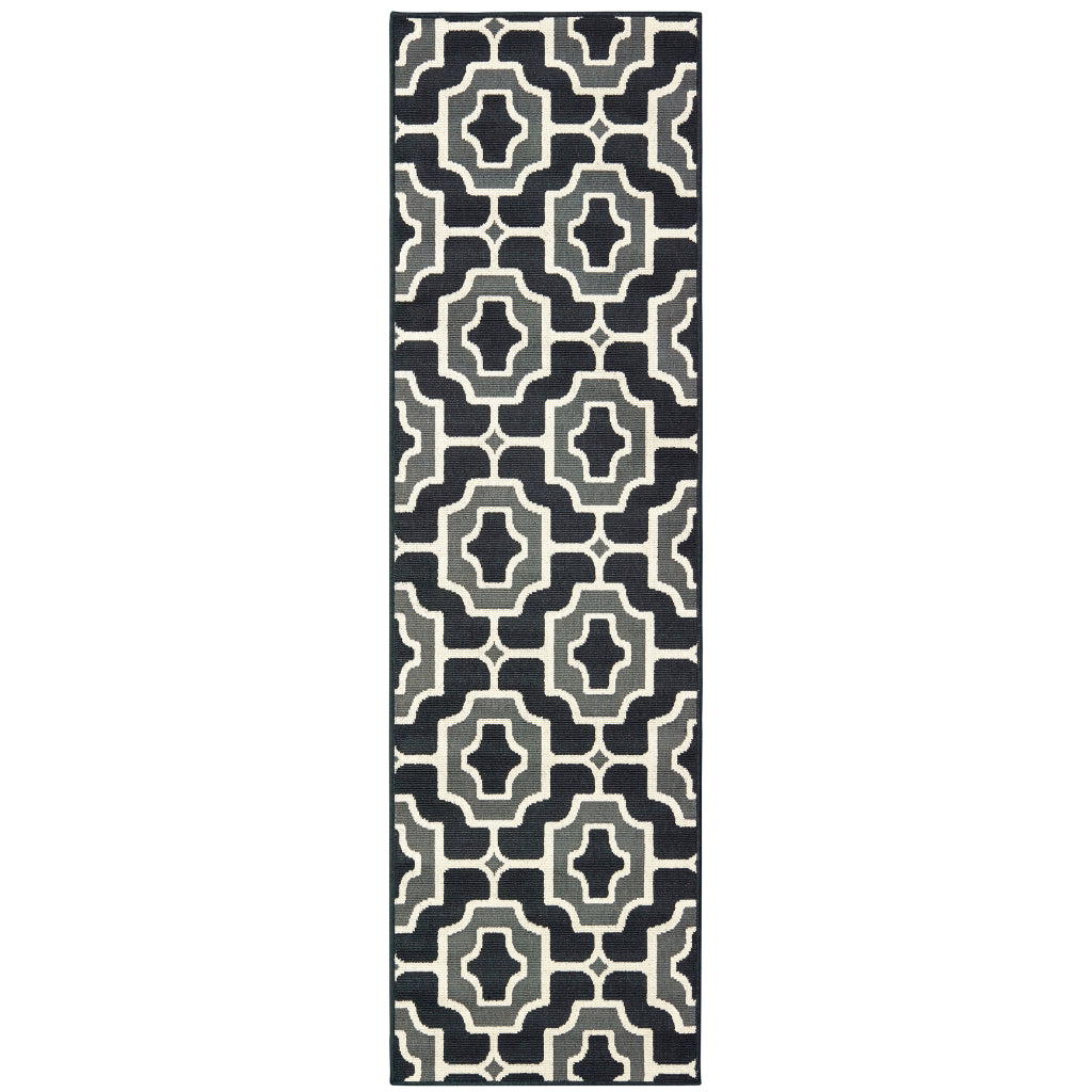 Oriental Weavers Marina 1491Z Black/Grey Rectangle Indoor / Outdoor Runner - Stain Resistant Machine Made Entryway & Hallway Runner with Geometric Pattern-