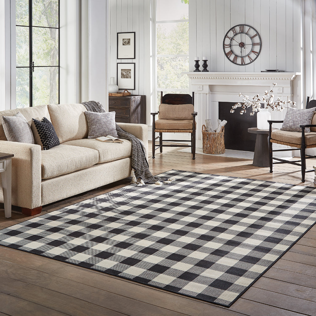 Oriental Weavers Marina 1932K Black/Ivory Rectangle Indoor / Outdoor Area Rug - Stain Resistant Machine Made Patio Rug with Geometric Pattern