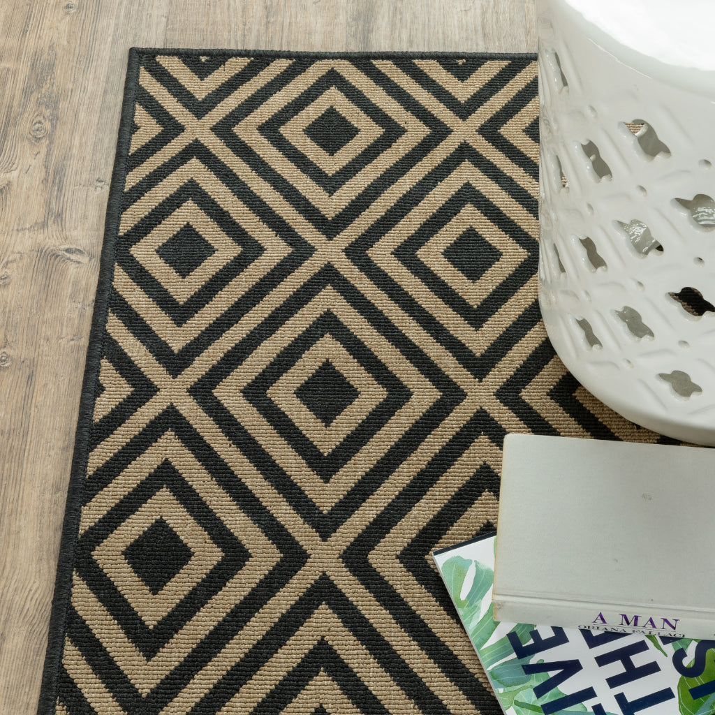 Oriental Weavers Marina 2335K Black/Tan Rectangle Indoor / Outdoor Runner - Stain Resistant Machine Made Entryway &amp; Hallway Runner with Geometric Pattern