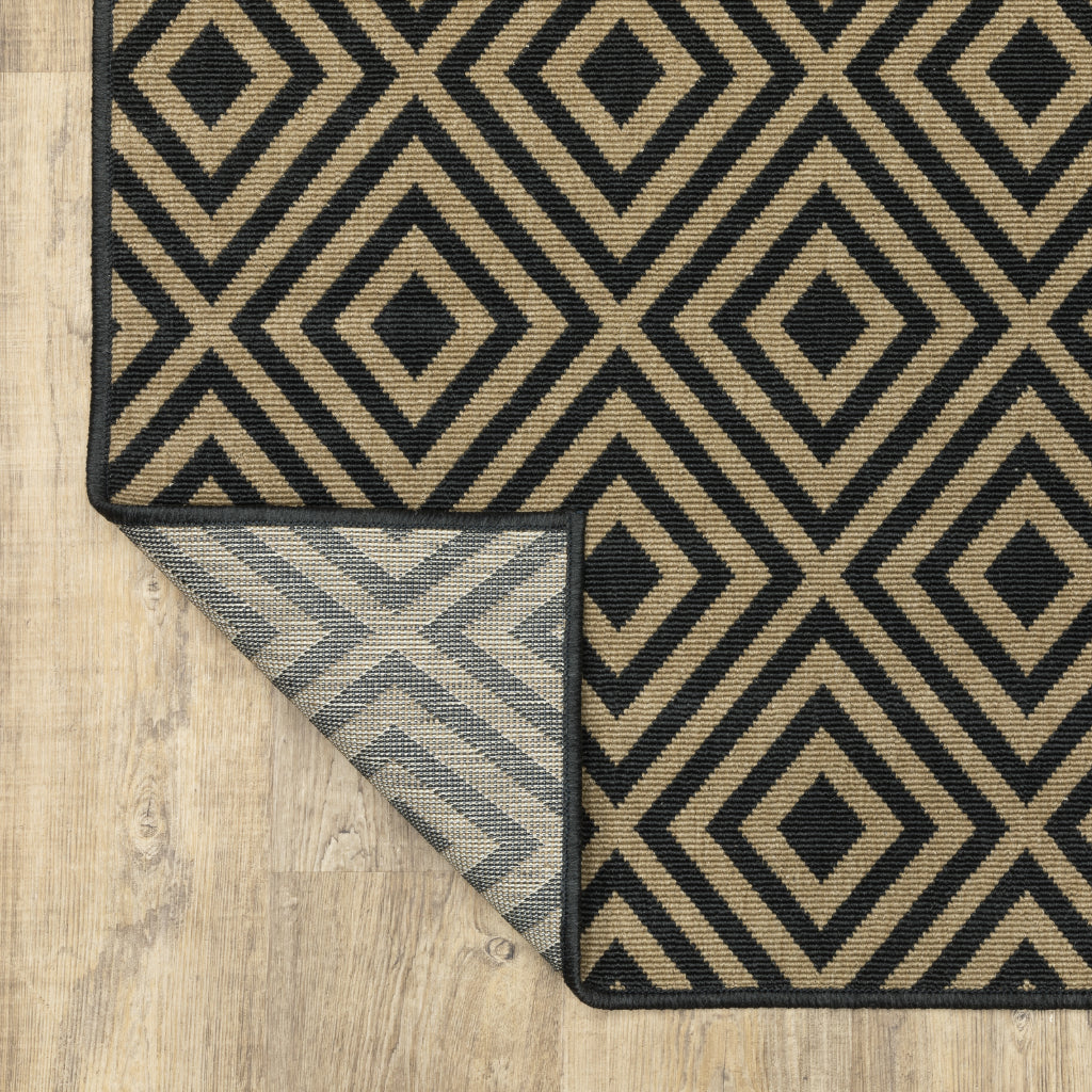 Oriental Weavers Marina 2335K Black/Tan Rectangle Indoor / Outdoor Runner - Stain Resistant Machine Made Entryway &amp; Hallway Runner with Geometric Pattern