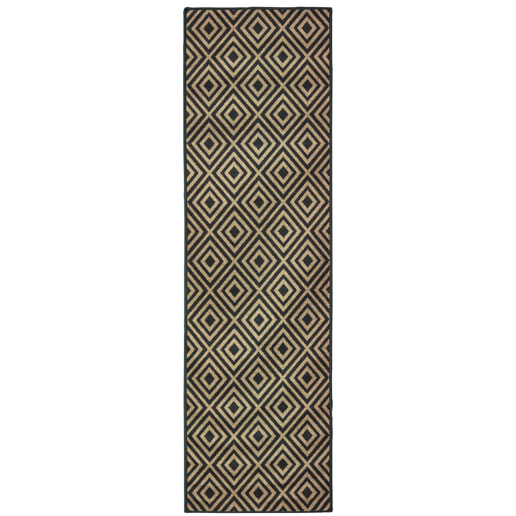 Oriental Weavers Marina 2335K Black/Tan Rectangle Indoor / Outdoor Runner - Stain Resistant Machine Made Entryway &amp; Hallway Runner with Geometric Pattern