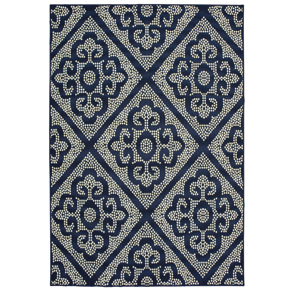 Oriental Weavers Marina 3804B Navy/Ivory Rectangle Indoor / Outdoor Area Rug - Stain Resistant Machine Made Patio Rug with Trellis Pattern-