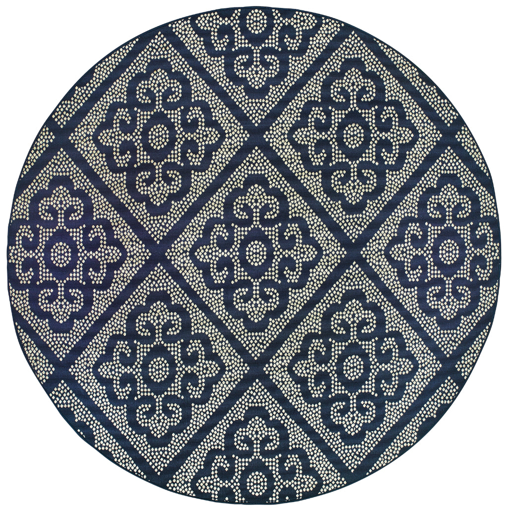 Oriental Weavers Marina 3804B Navy/Ivory Round Indoor / Outdoor Area Rug - Stain Resistant Machine Made Rug for Dining &amp; Living Spaces