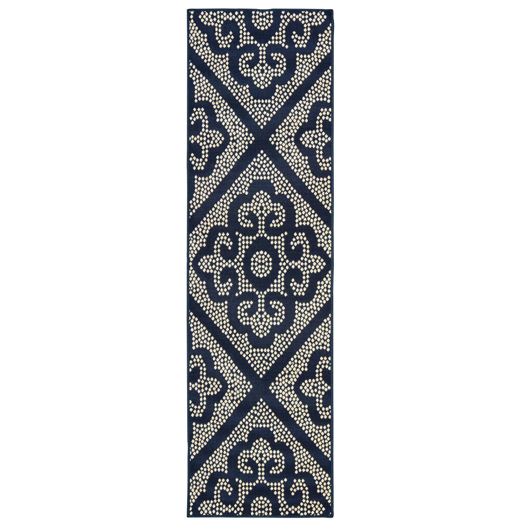 Oriental Weavers Marina 3804B Navy/Ivory Rectangle Indoor / Outdoor Runner - Stain Resistant Machine Made Entryway &amp; Hallway Runner with Trellis Pattern