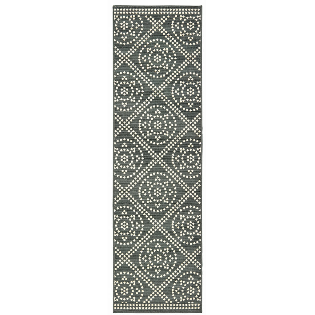 Oriental Weavers Marina 3969L Grey/Ivory Rectangle Indoor / Outdoor Runner - Stain Resistant Machine Made Entryway &amp; Hallway Runner with Trellis Pattern