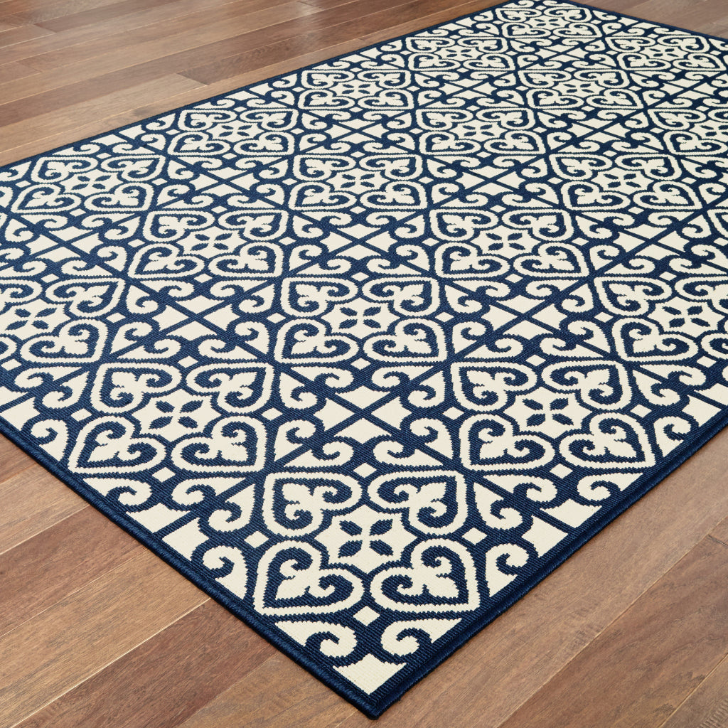 Oriental Weavers Marina 5927B Ivory/Navy Rectangle Indoor / Outdoor Area Rug - Stain Resistant Machine Made Patio Rug with Geometric Pattern-