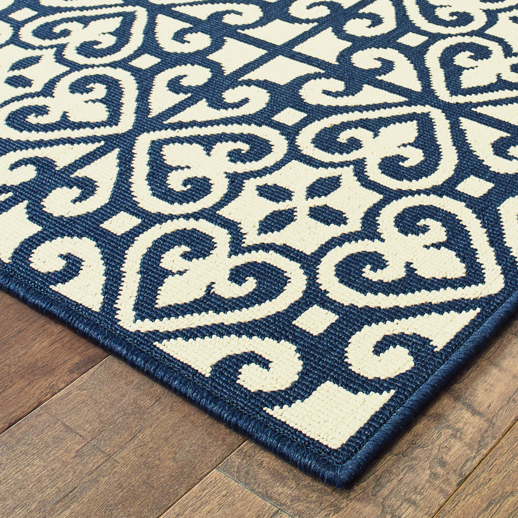 Oriental Weavers Marina 5927B Ivory/Navy Rectangle Indoor / Outdoor Runner - Stain Resistant Machine Made Entryway &amp; Hallway Runner with Geometric Pattern