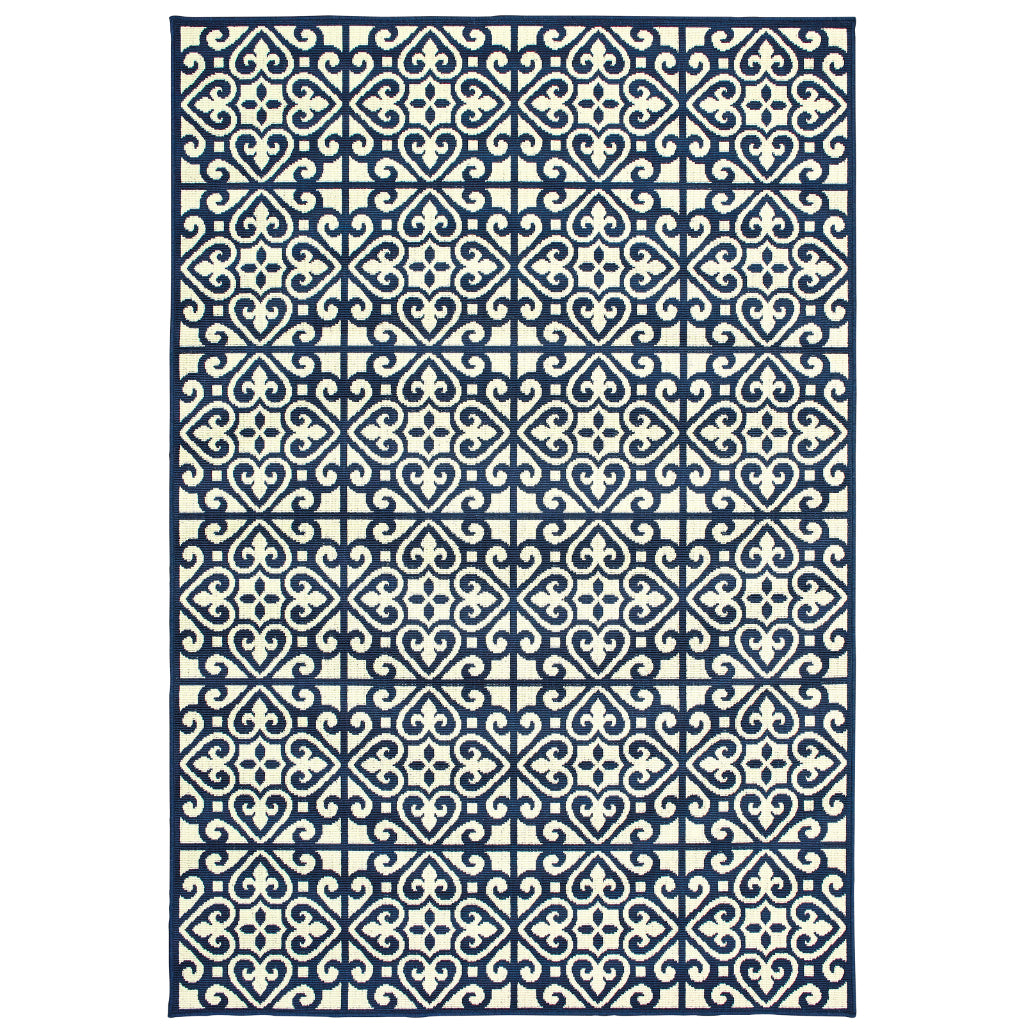 Oriental Weavers Marina 5927B Ivory/Navy Rectangle Indoor / Outdoor Area Rug - Stain Resistant Machine Made Patio Rug with Geometric Pattern