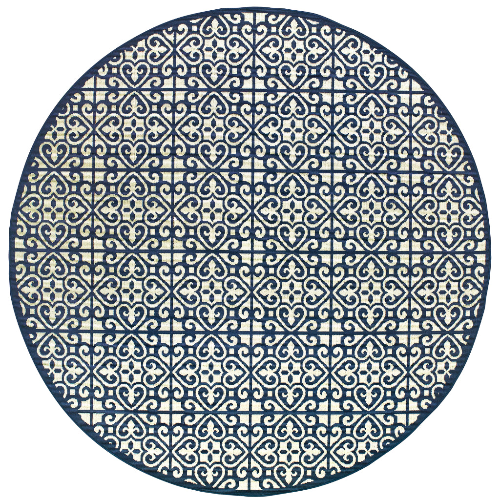 Oriental Weavers Marina 5927B Ivory/Navy Round Indoor / Outdoor Area Rug - Stain Resistant Machine Made Rug for Dining &amp; Living Spaces