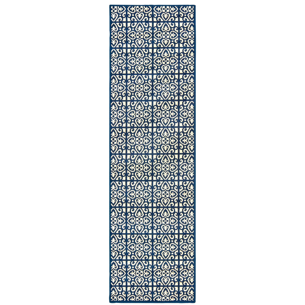 Oriental Weavers Marina 5927B Ivory/Navy Rectangle Indoor / Outdoor Runner - Stain Resistant Machine Made Entryway &amp; Hallway Runner with Geometric Pattern