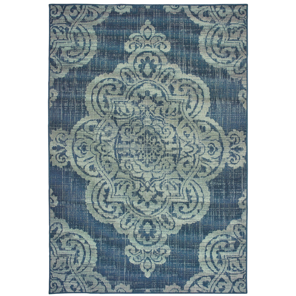 Oriental Weavers Marina 5929B Navy/Grey Rectangle Indoor / Outdoor Area Rug - Stain Resistant Machine Made Patio Rug with Medallion Pattern