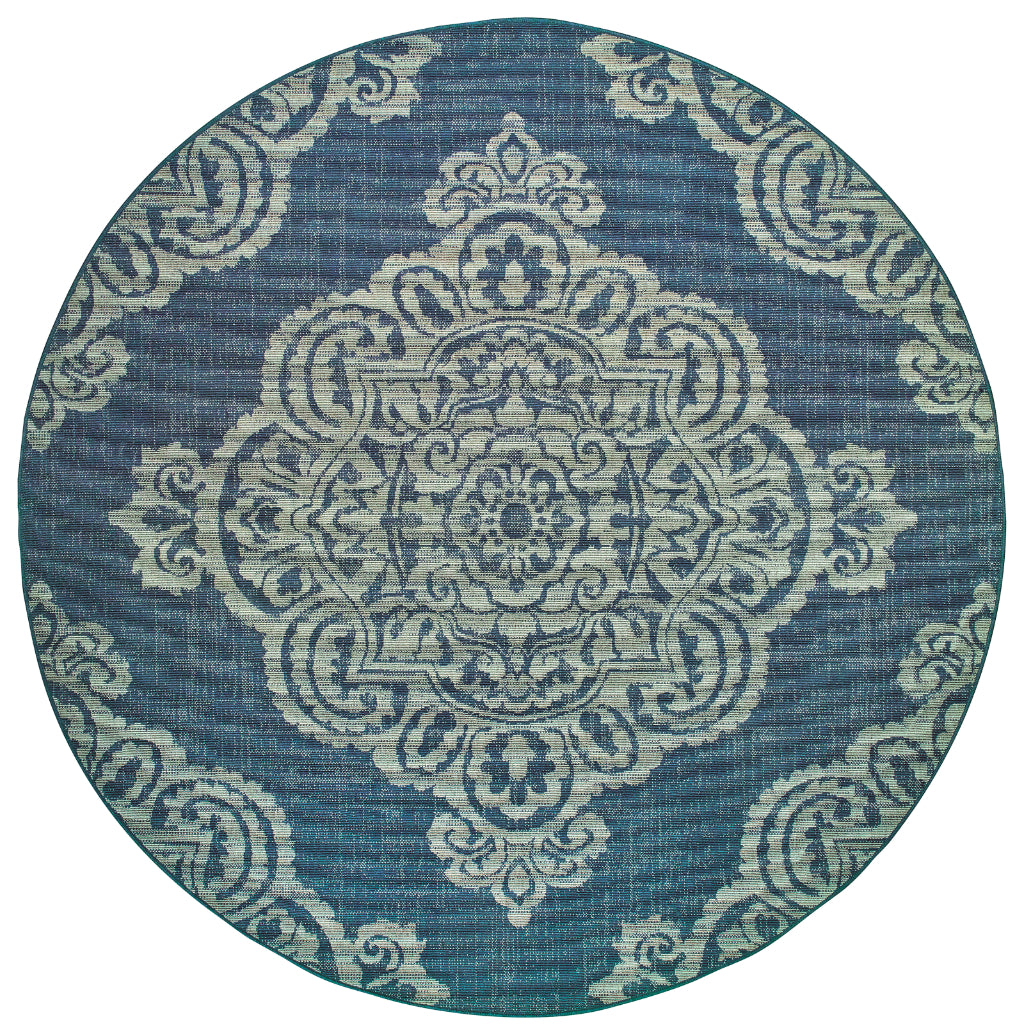 Oriental Weavers Marina 5929B Navy/Grey Round Indoor / Outdoor Area Rug - Stain Resistant Machine Made Rug for Dining & Living Spaces-