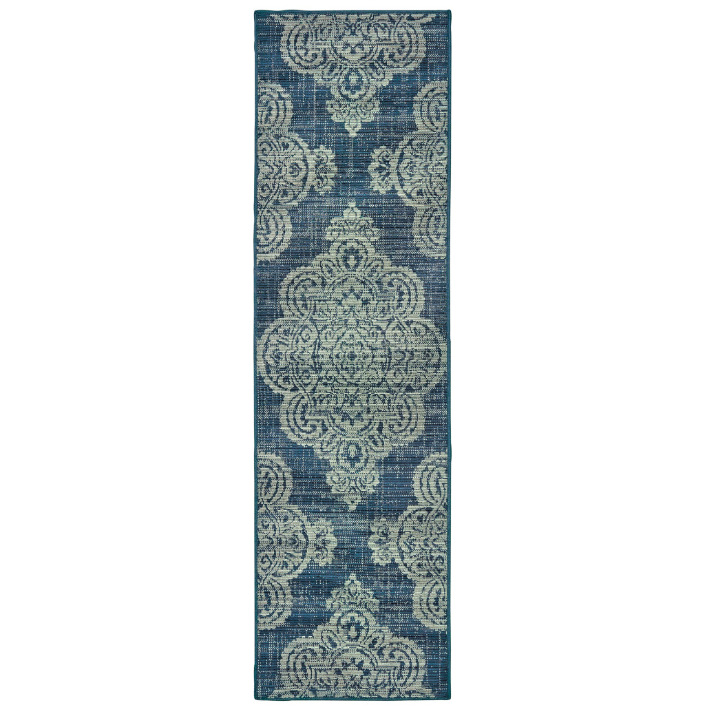 Oriental Weavers Marina 5929B Navy/Grey Rectangle Indoor / Outdoor Runner - Stain Resistant Machine Made Entryway &amp; Hallway Runner with Medallion Pattern