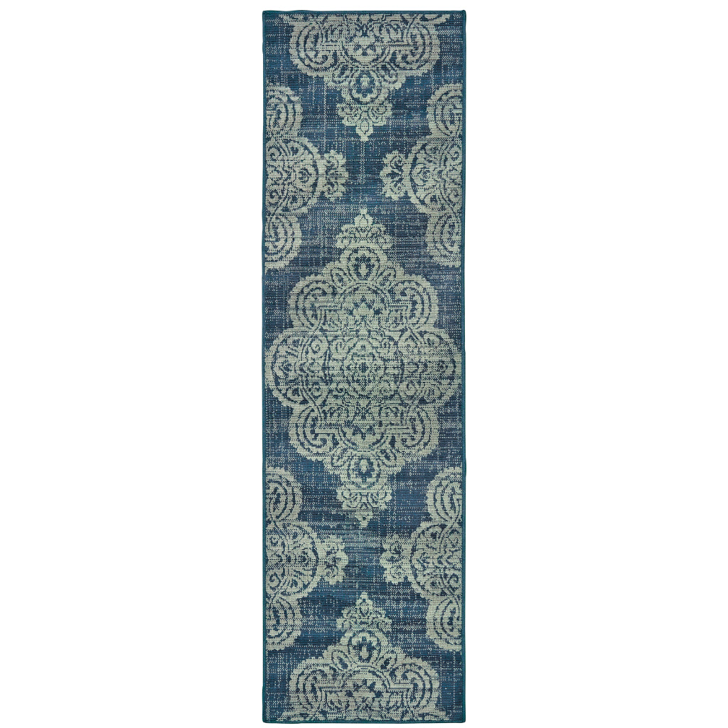 Oriental Weavers Marina 5929B Navy/Grey Rectangle Indoor / Outdoor Runner - Stain Resistant Machine Made Entryway & Hallway Runner with Medallion Pattern-