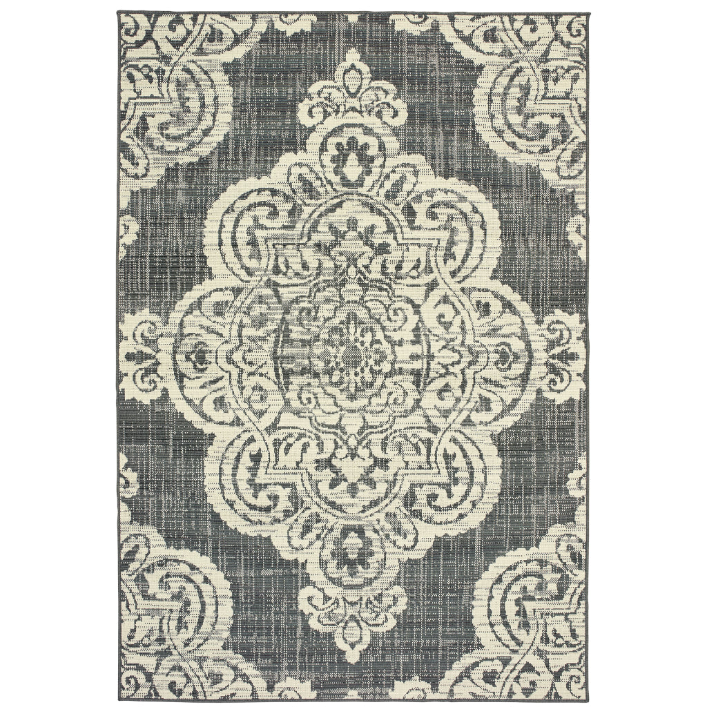 Oriental Weavers Marina 5929E Grey/Ivory Rectangle Indoor / Outdoor Area Rug - Stain Resistant Machine Made Patio Rug with Medallion Pattern