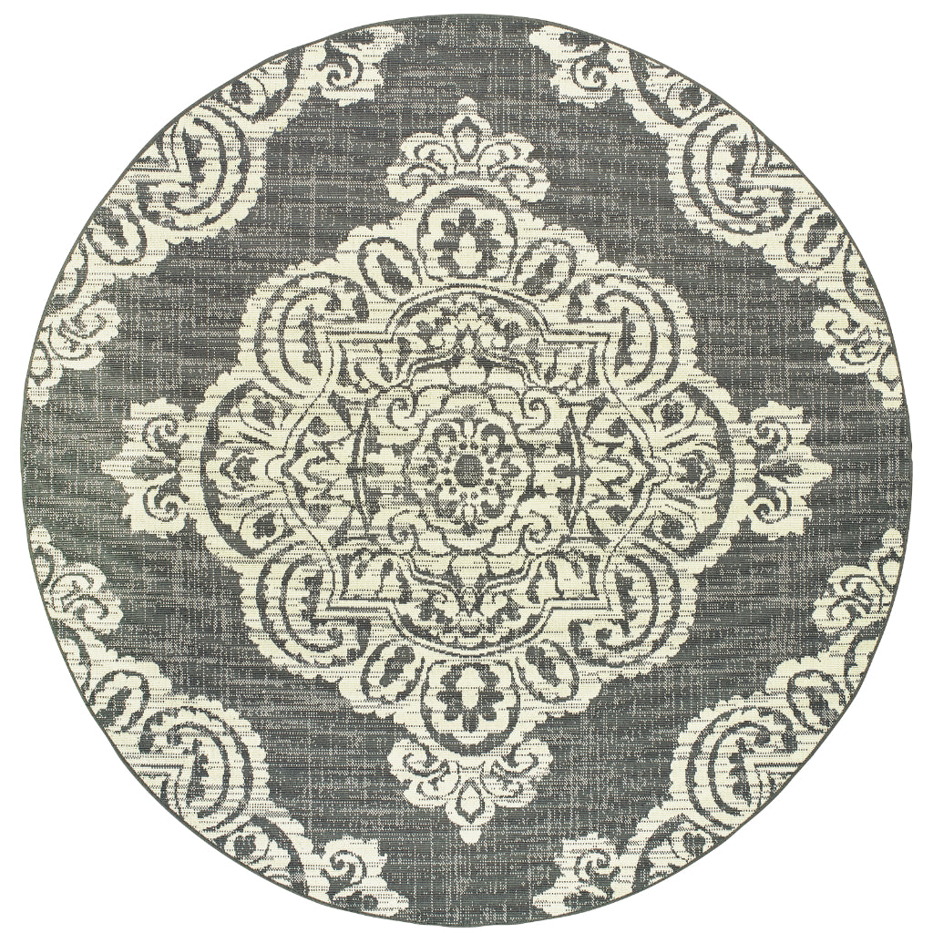 Oriental Weavers Marina 5929E Grey/Ivory Round Indoor / Outdoor Area Rug - Stain Resistant Machine Made Rug for Dining &amp; Living Spaces