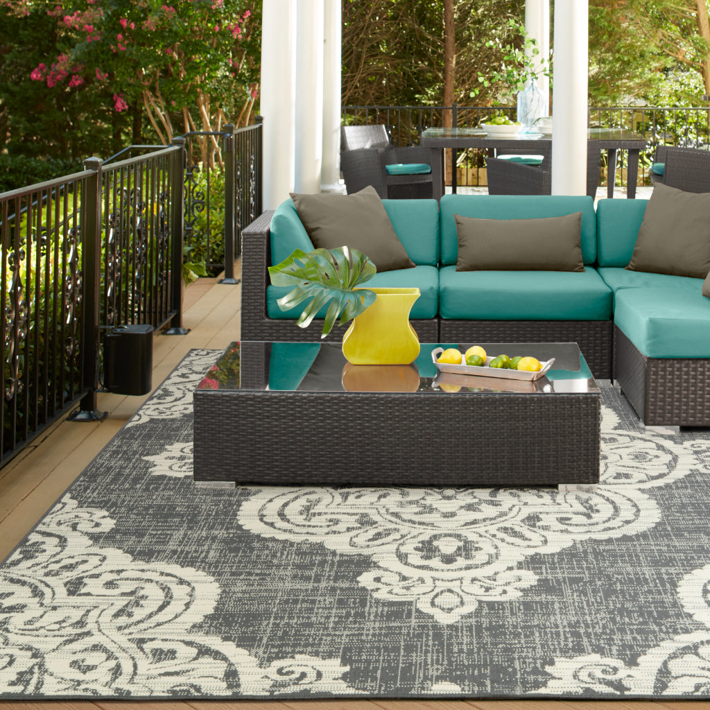 Oriental Weavers Marina 5929E Grey/Ivory Rectangle Indoor / Outdoor Area Rug - Stain Resistant Machine Made Patio Rug with Medallion Pattern