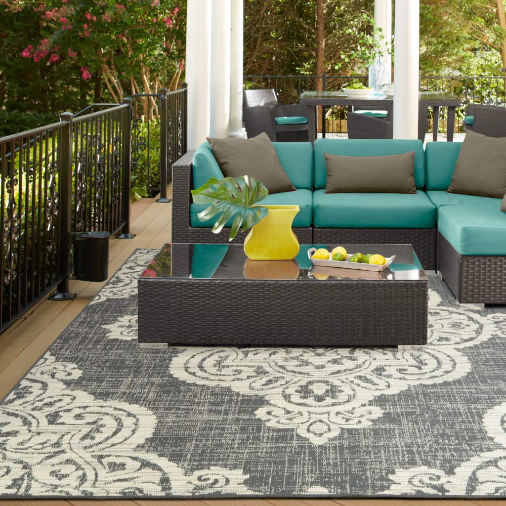 Oriental Weavers Marina 5929E Grey/Ivory Rectangle Indoor / Outdoor Area Rug - Stain Resistant Machine Made Patio Rug with Medallion Pattern-