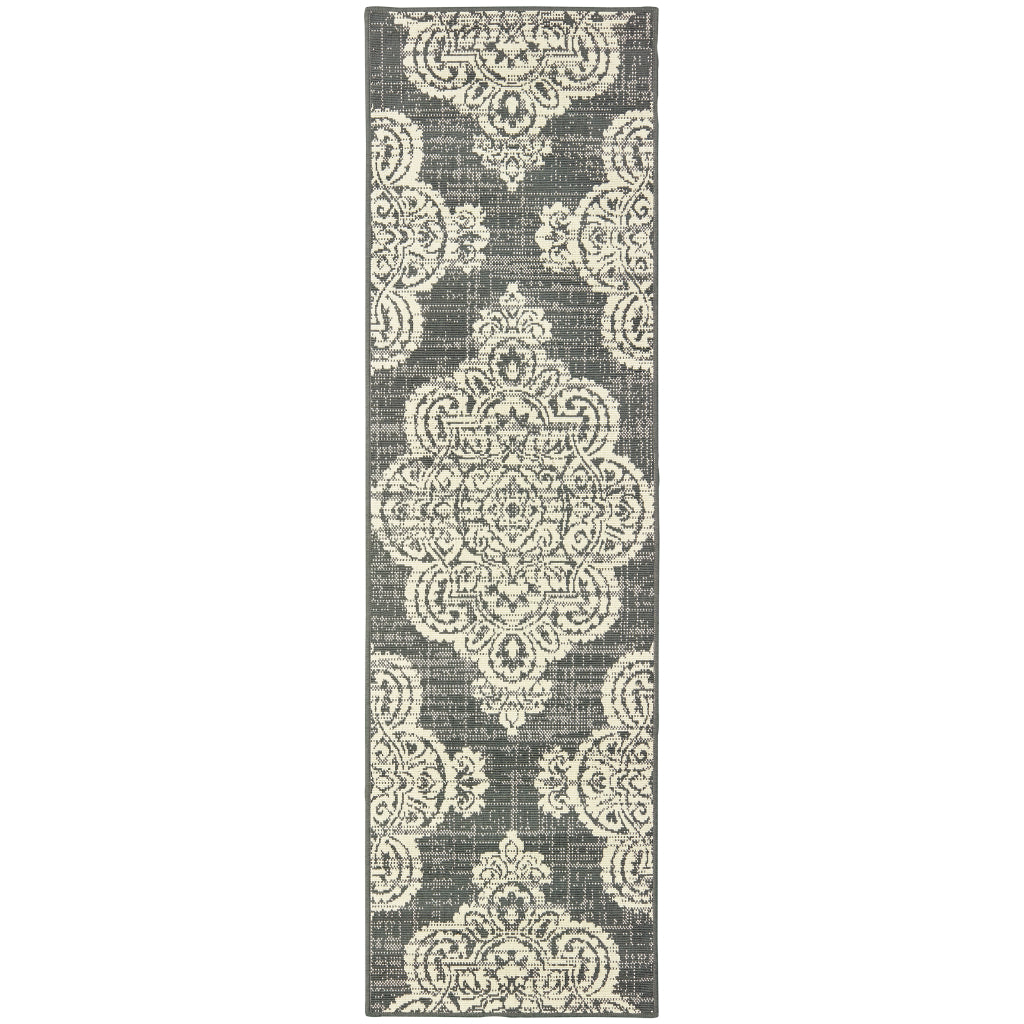 Oriental Weavers Marina 5929E Grey/Ivory Rectangle Indoor / Outdoor Runner - Stain Resistant Machine Made Entryway &amp; Hallway Runner with Medallion Pattern