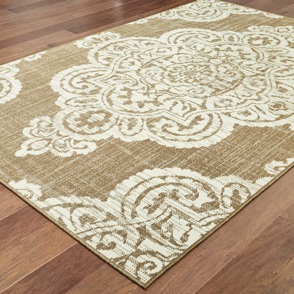 Oriental Weavers Marina 5929J Tan/Ivory Rectangle Indoor / Outdoor Area Rug - Stain Resistant Machine Made Patio Rug with Medallion Pattern-