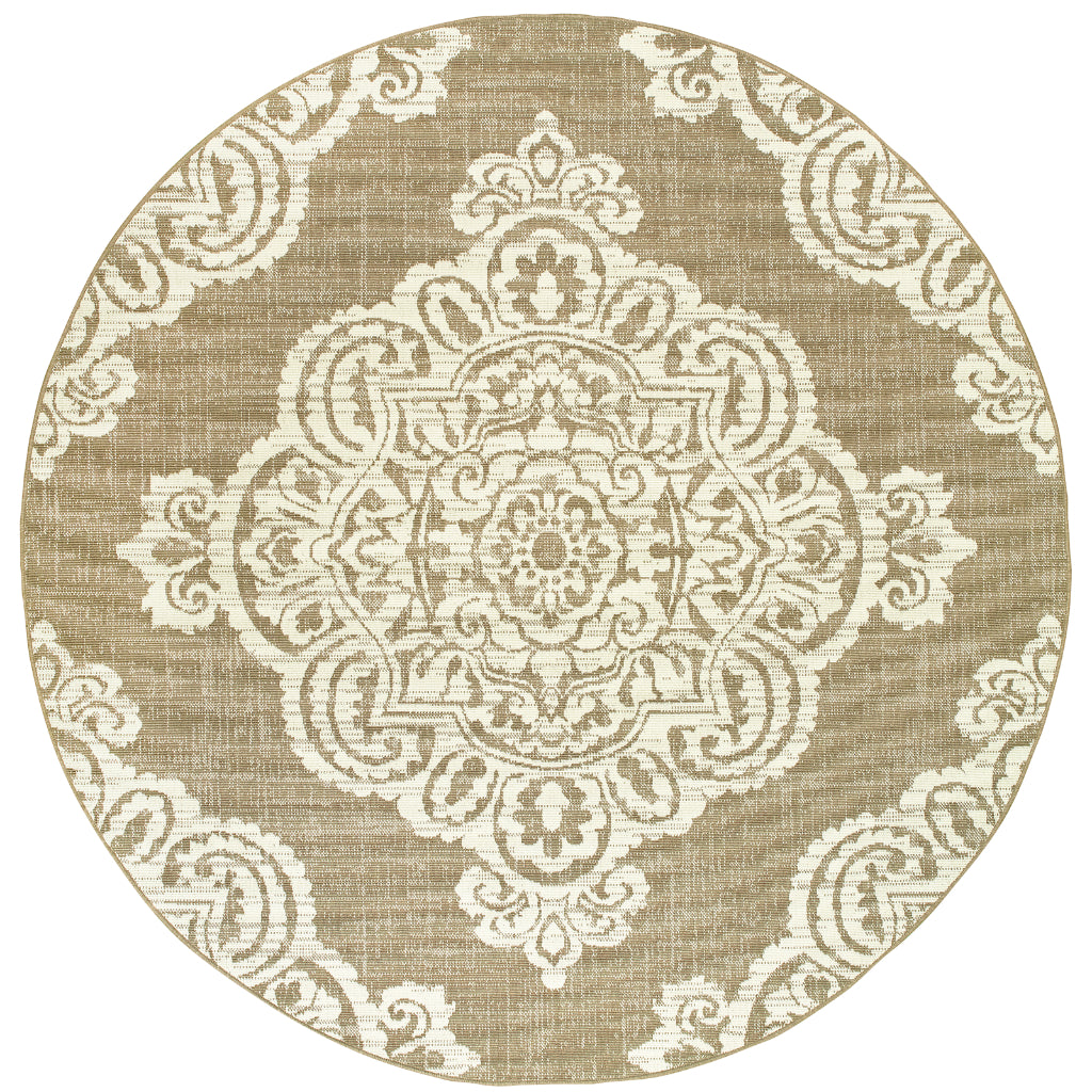 Oriental Weavers Marina 5929J Tan/Ivory Round Indoor / Outdoor Area Rug - Stain Resistant Machine Made Rug for Dining &amp; Living Spaces