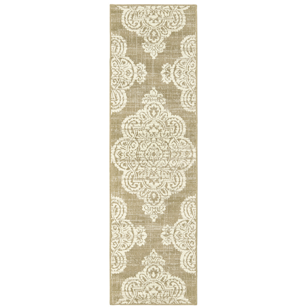 Oriental Weavers Marina 5929J Tan/Ivory Rectangle Indoor / Outdoor Runner - Stain Resistant Machine Made Entryway &amp; Hallway Runner with Medallion Pattern