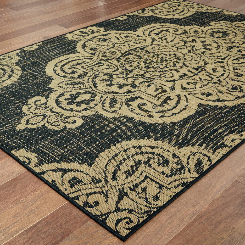 Oriental Weavers Marina 5929K Black/Tan Rectangle Indoor / Outdoor Area Rug - Stain Resistant Machine Made Patio Rug with Medallion Pattern