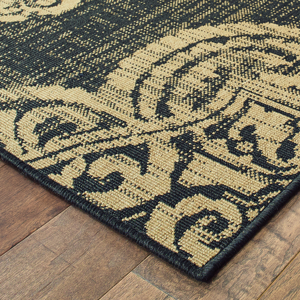 Oriental Weavers Marina 5929K Black/Tan Rectangle Indoor / Outdoor Runner - Stain Resistant Machine Made Entryway &amp; Hallway Runner with Medallion Pattern