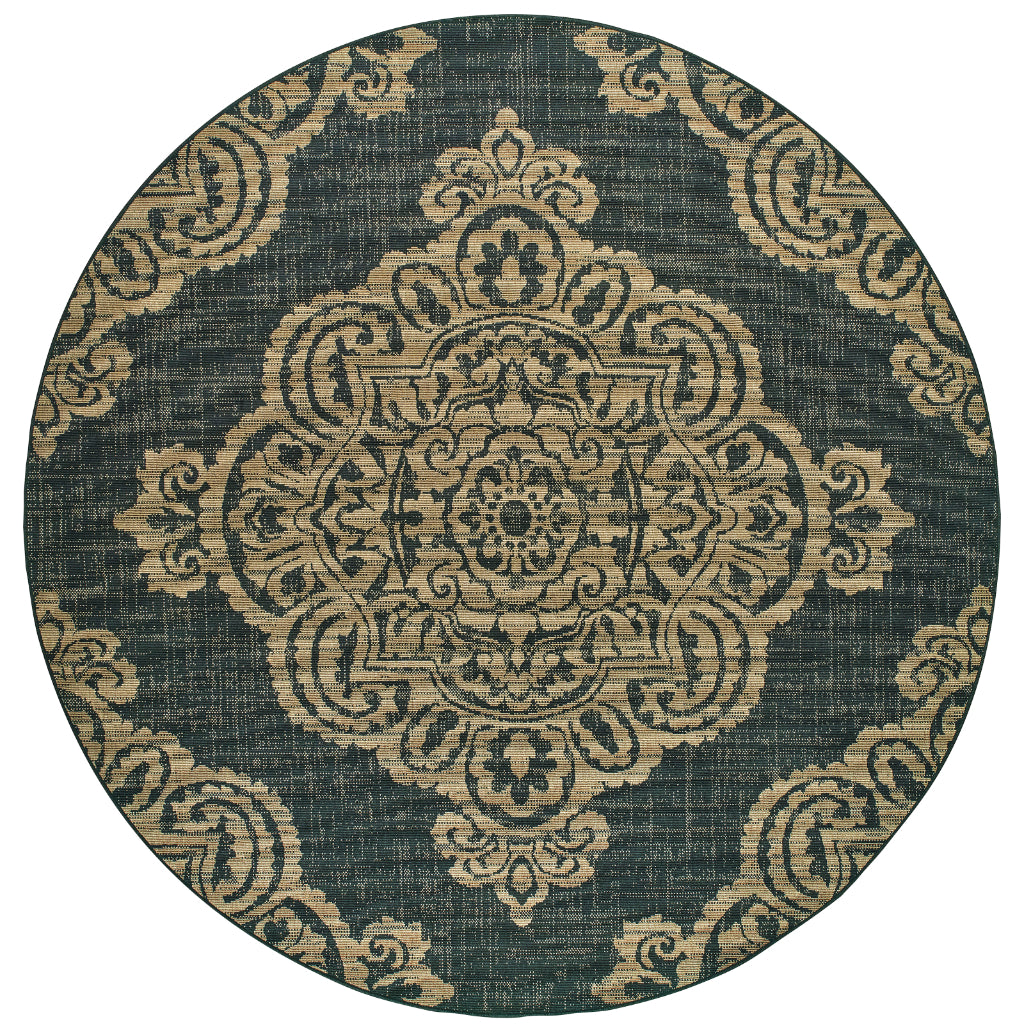 Oriental Weavers Marina 5929K Black/Tan Round Indoor / Outdoor Area Rug - Stain Resistant Machine Made Rug for Dining & Living Spaces-