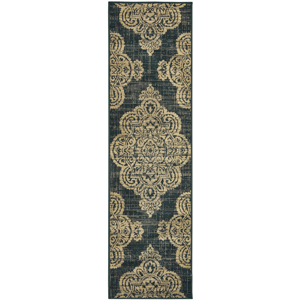 Oriental Weavers Marina 5929K Black/Tan Rectangle Indoor / Outdoor Runner - Stain Resistant Machine Made Entryway &amp; Hallway Runner with Medallion Pattern