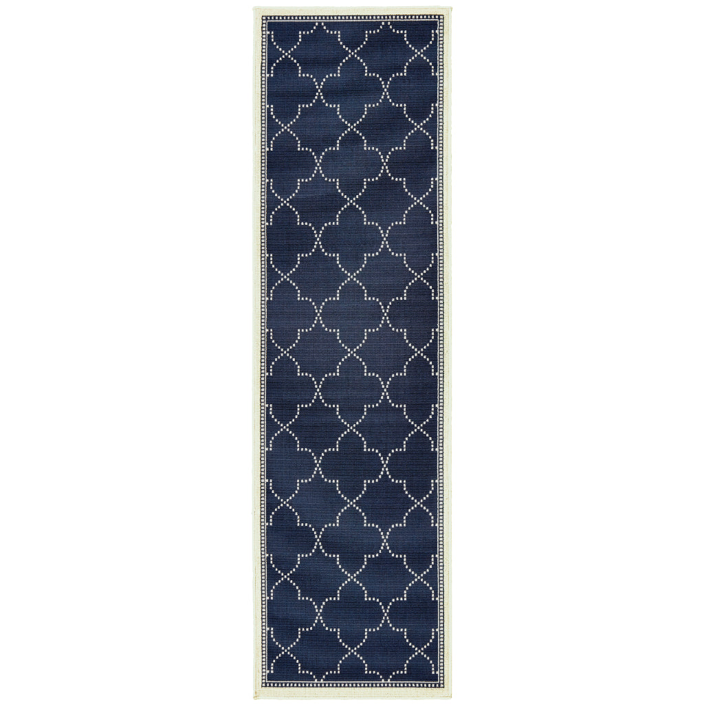 Oriental Weavers Marina 6025P Navy/Ivory Rectangle Indoor / Outdoor Runner - Stain Resistant Machine Made Entryway & Hallway Runner with Geometric Pattern-