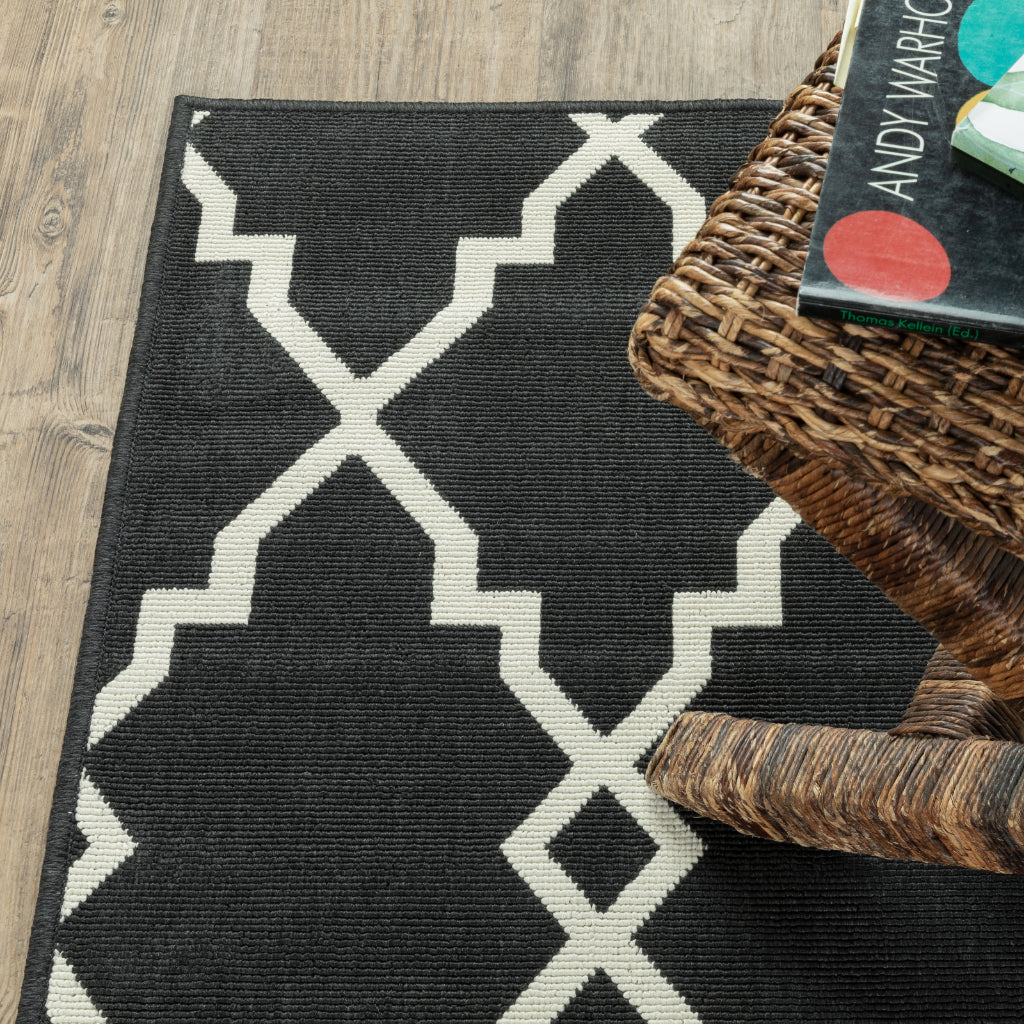 Oriental Weavers Marina 7763K Black/Ivory Rectangle Indoor / Outdoor Runner - Stain Resistant Machine Made Entryway &amp; Hallway Runner with Geometric Pattern