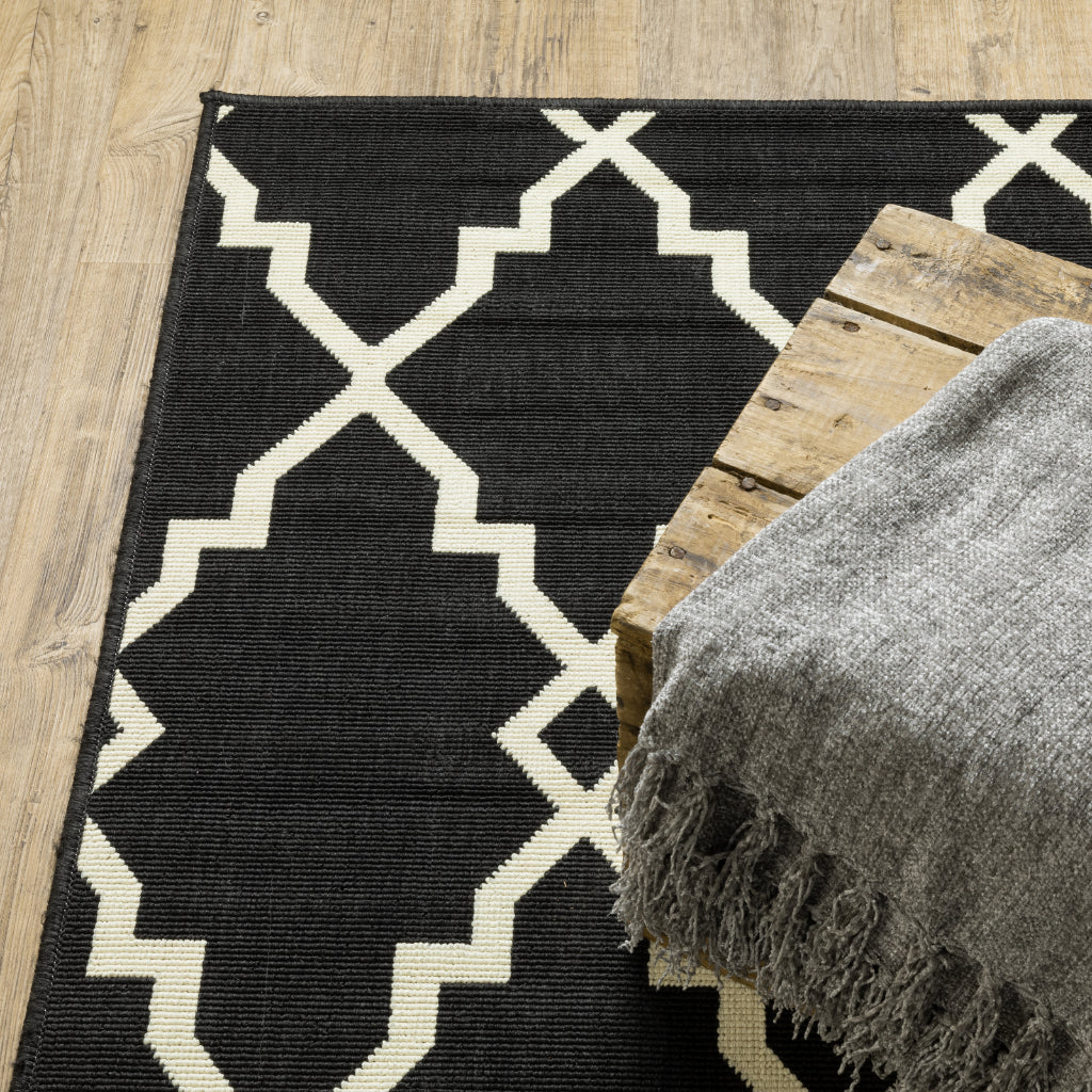 Oriental Weavers Marina 7763K Black/Ivory Rectangle Indoor / Outdoor Area Rug - Stain Resistant Machine Made Patio Rug with Geometric Pattern