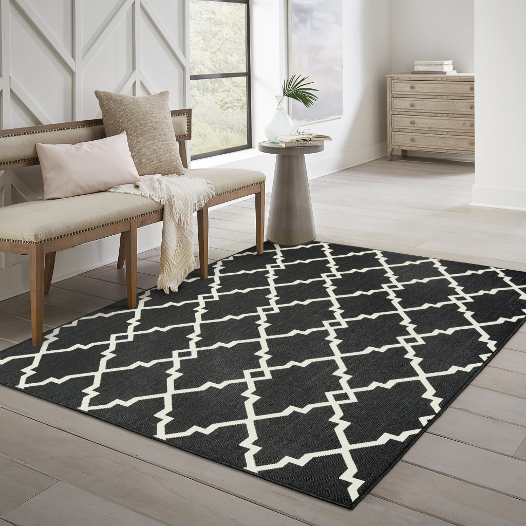 Oriental Weavers Marina 7763K Black/Ivory Rectangle Indoor / Outdoor Area Rug - Stain Resistant Machine Made Patio Rug with Geometric Pattern