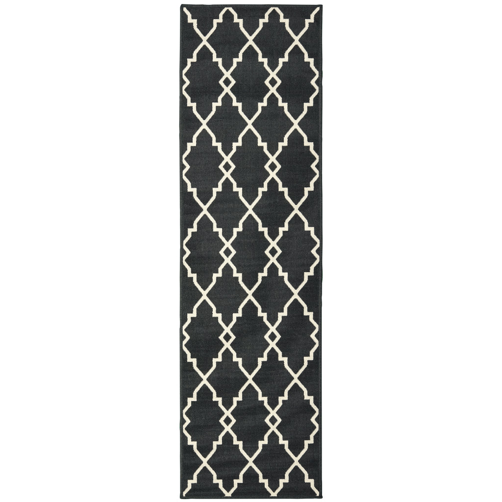 Oriental Weavers Marina 7763K Black/Ivory Rectangle Indoor / Outdoor Runner - Stain Resistant Machine Made Entryway & Hallway Runner with Geometric Pattern-
