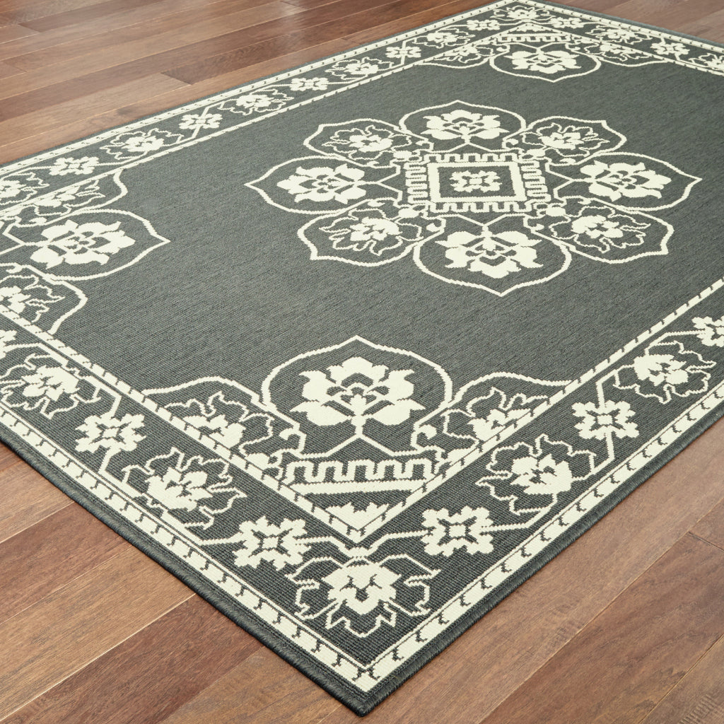 Oriental Weavers Marina 7764E Grey/Ivory Rectangle Indoor / Outdoor Area Rug - Stain Resistant Machine Made Patio Rug with Medallion Pattern