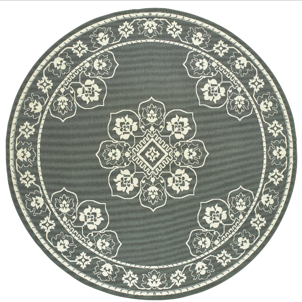 Oriental Weavers Marina 7764E Grey/Ivory Round Indoor / Outdoor Area Rug - Stain Resistant Machine Made Rug for Dining &amp; Living Spaces