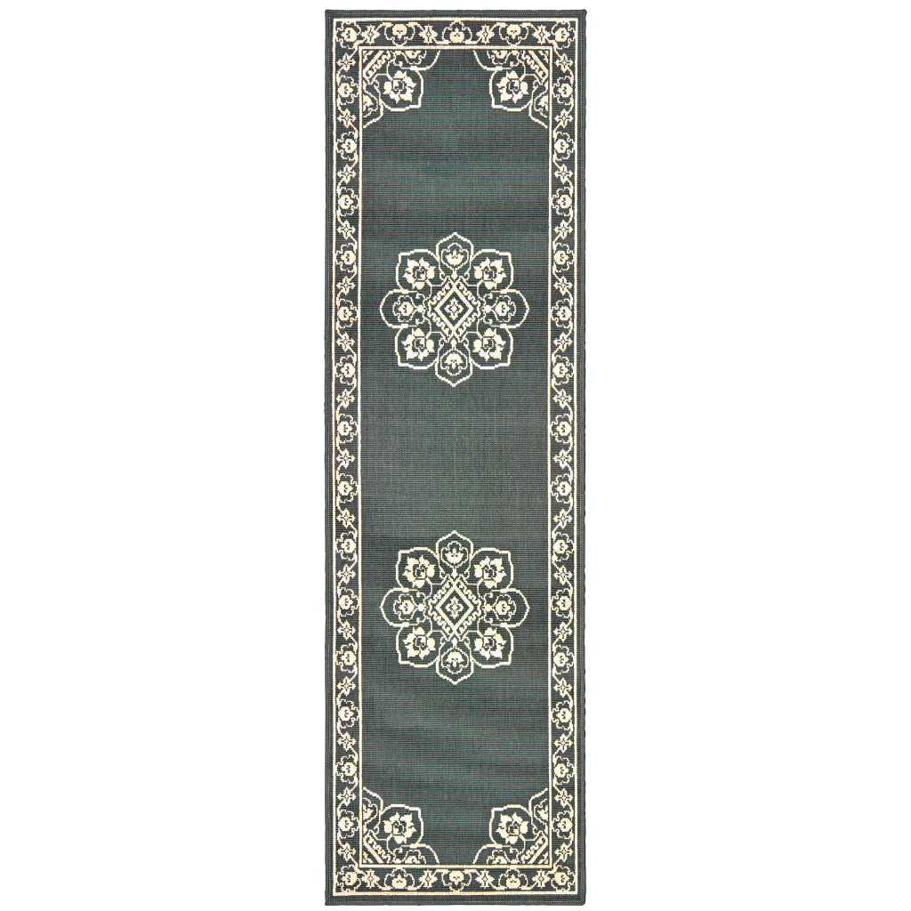 Oriental Weavers Marina 7764E Grey/Ivory Rectangle Indoor / Outdoor Runner - Stain Resistant Machine Made Entryway &amp; Hallway Runner with Medallion Pattern