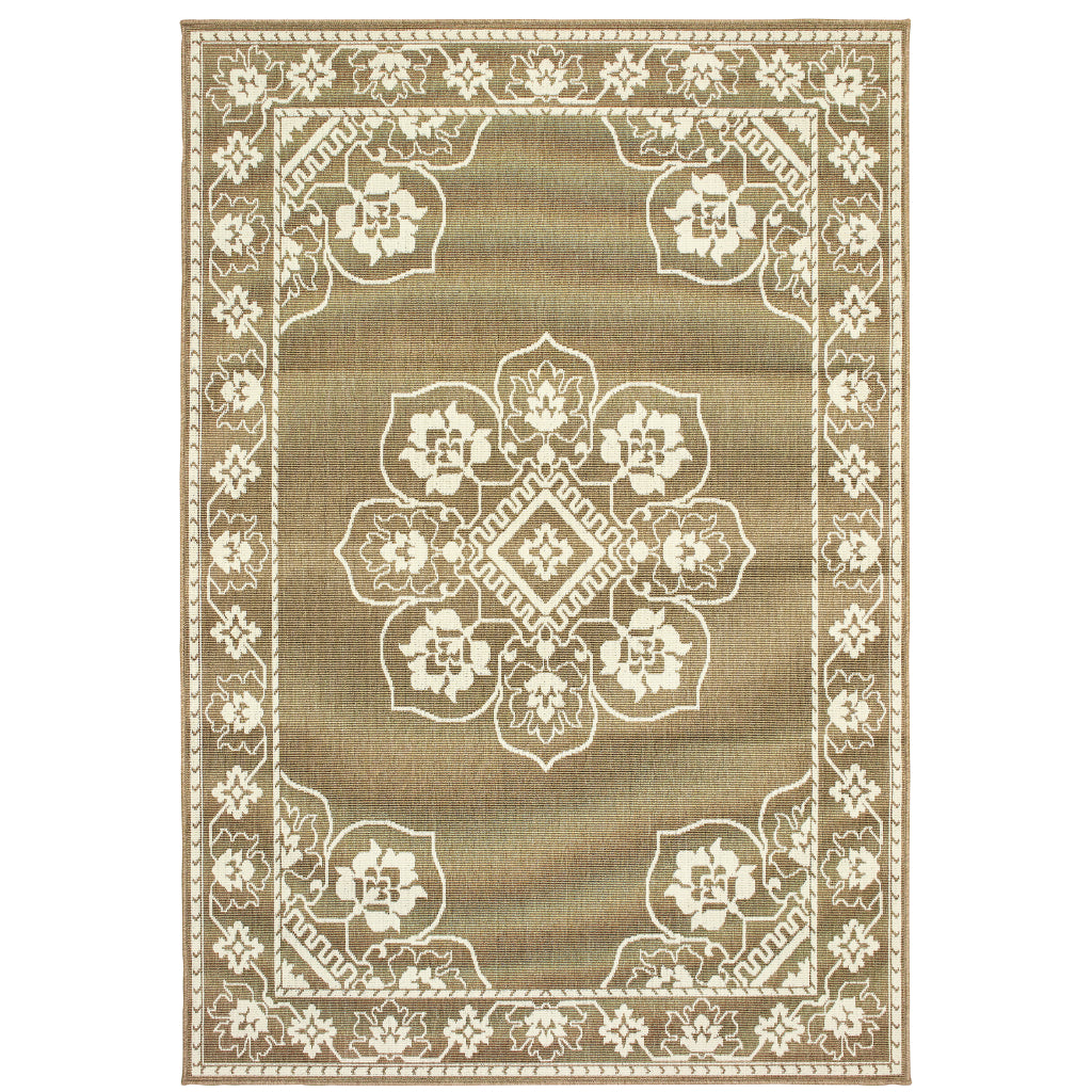 Oriental Weavers Marina 7764J Tan/Ivory Rectangle Indoor / Outdoor Area Rug - Stain Resistant Machine Made Patio Rug with Medallion Pattern