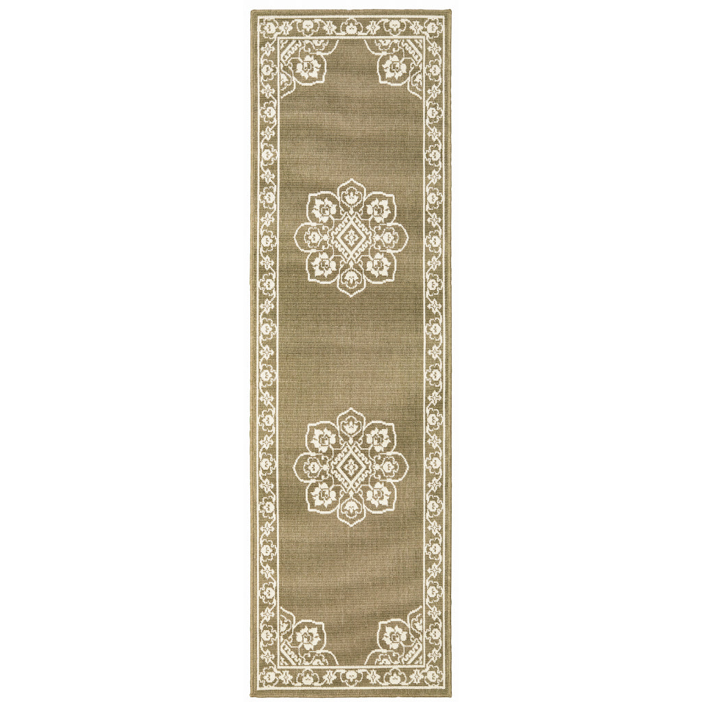 Oriental Weavers Marina 7764J Tan/Ivory Rectangle Indoor / Outdoor Runner - Stain Resistant Machine Made Entryway & Hallway Runner with Medallion Pattern-